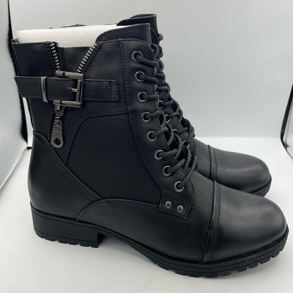 Id Required lace-up black stylish combat moto boots buckle detail women’s Size 7 - Picture 11 of 12